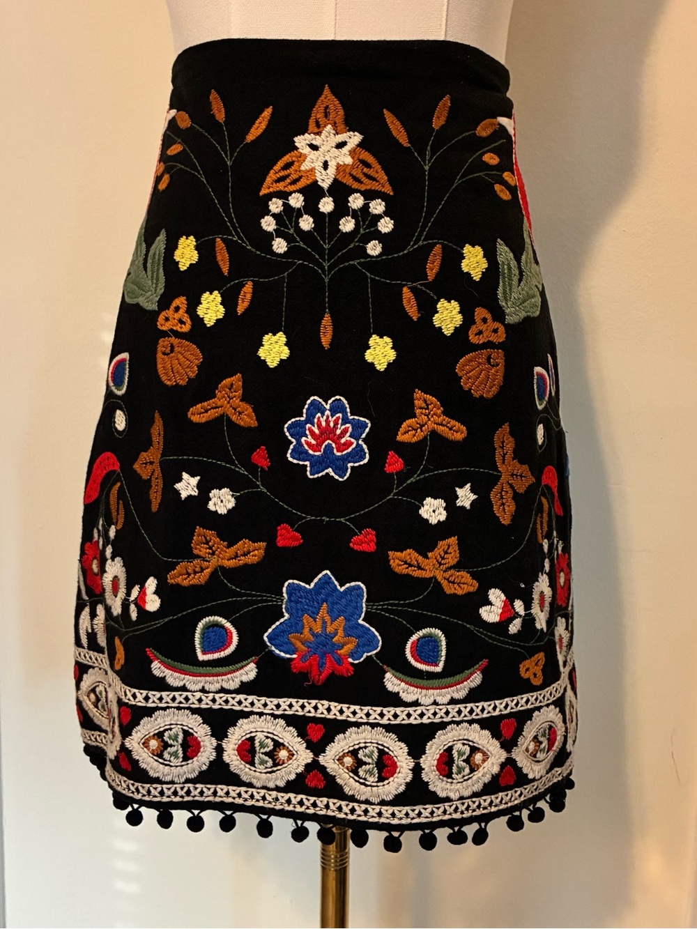 Altar’d State Black Embroidered Bird Pom Pom Mini Skirt